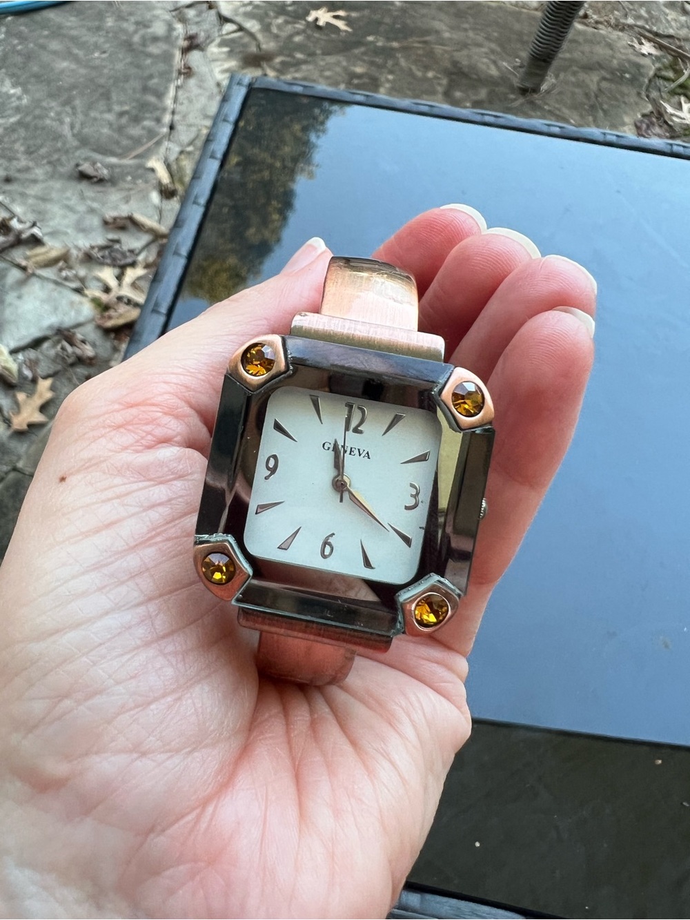 Vintage Y2K Silver Cuff Bracelet Watch with Amber Stones